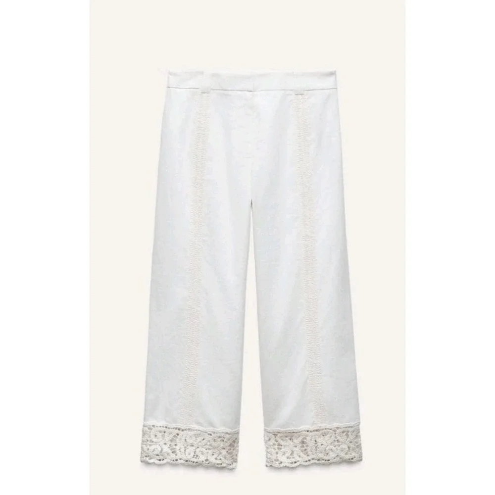 Zara Linen Blend Crochet Trousers Ecru Size L NWT